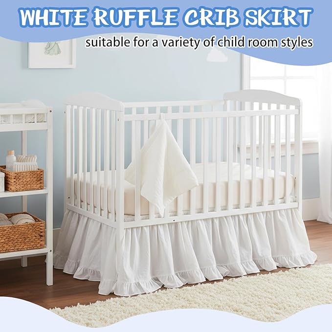 Crib Skirt Dust Ruffle 28" x 52" with 16" Drop–100% Washed Cotton Baby Bed Crib Skirt for Boys & Girls' Cribs, Durable & Fade - Resistant Nursery Bedding, Fits Standard Cribs