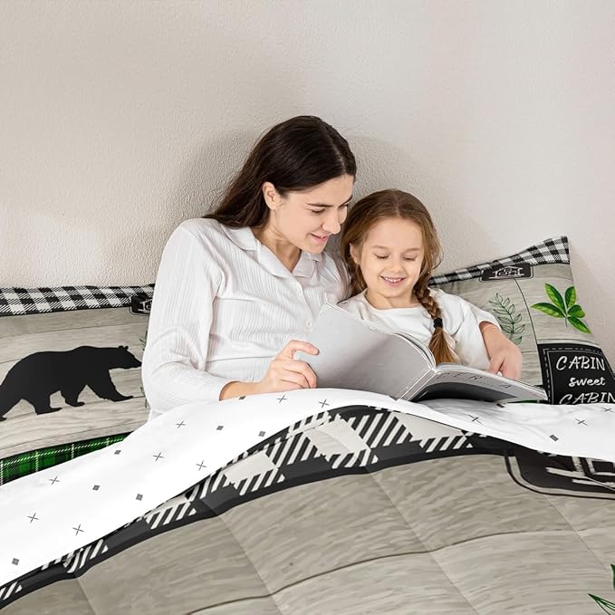 Bear Silhouette Kids Comforter Set King Size,Leaves Wooden Plank Bedding,Girls Boys Adults Bedroom/Xmas Cabin Decor,Geometric Grids Retro Down Comforter,Rustic Farmhouse Duvet Insert,2 Pillowcases