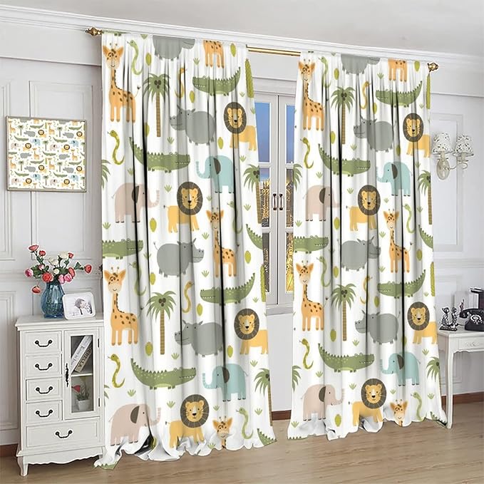 Nursery Safari Animals Window Curtains,Cartoon Woodland Jungle Forest Lion Elephant Giraffe Printed Pattern Blackout Drapes for Living Room Baby Boy Kids Bedroom 42x45 Inch