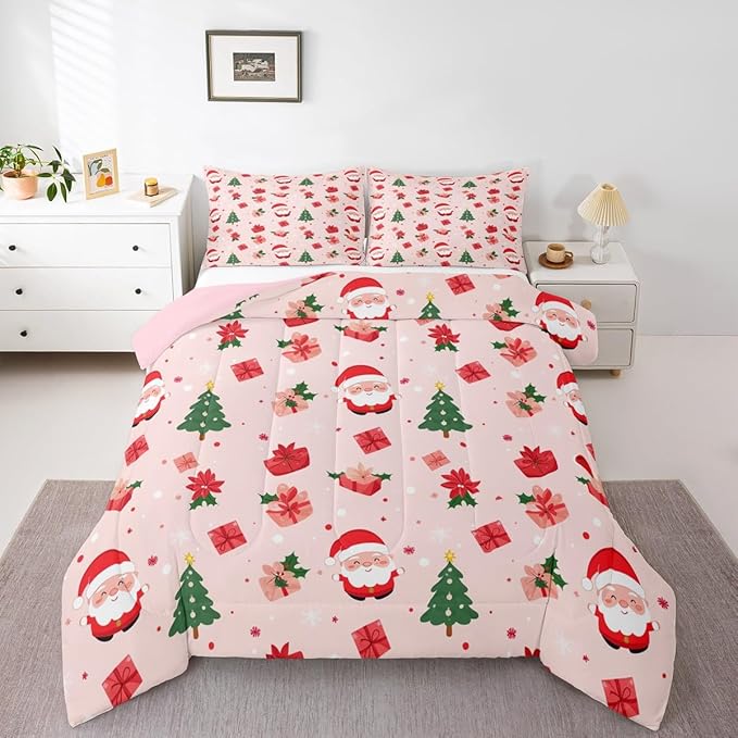 Feelyou Christmas Decor Bedding Set Soft for Boys Girls, Santa Claus Comforter Set Queen Size Xmas Duvet Quilt Microfiber Christmas Decor Bedroom Decor 3 Pcs with 2 Pillow Cases