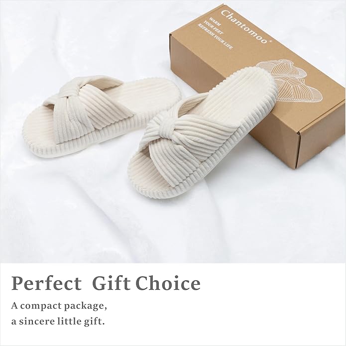 Chantomoo Slippers for Women Memory Foam House Bedroom Corduroy Bow Crossbands Slipper Shoes Comfy Trendy Gift Slippers