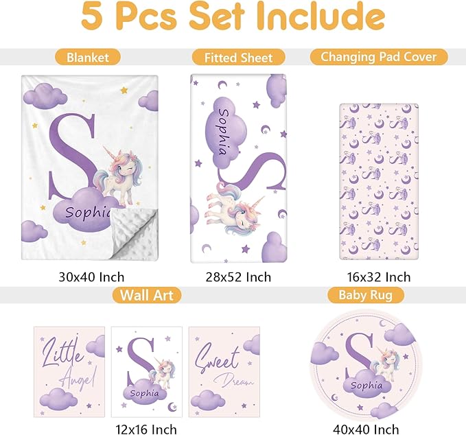 5 Piece Customized Crib Bedding Set for Girls - Custom Name Baby Crib Purple Unicorn Nursery Bedding Set with Soft Blanket, Fitted Sheet, Rug, Personalized Gifts for Toddlers, Newborns, Infants