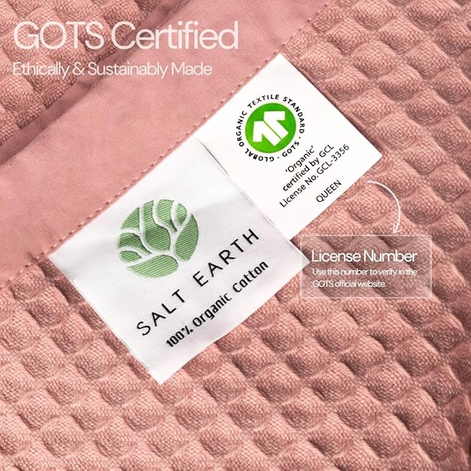 Salt Earth GOTS Certified 100% Organic Cotton Throw Blanket, 60"x80" Waffle Blankets & Throws for Bed, Throw Blanket for Couch, Cozy Christmas Blankets and Throws for Christmas Gifts (Misty Rose)