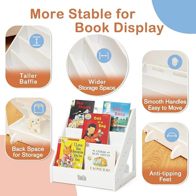 FUNLIO Montessori Bookshelf for Toddlers 1-5 Years, Front-Facing Kids Bookcase with Handle & Anti-Tilting Device, Premium Pine Baby Bookshelf, Children's Bookcase for Nursery/Classroom - White