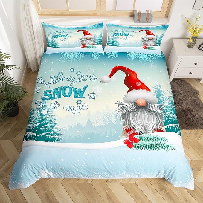 Manfei Winter Duvet Cover Set King Size, Christmas Gnomes Bedding Set 3pcs for Kids Boys Girls Bedroom Decor, White Snowflake and Trees Print Xmas Comforter Cover with 2 Pillowcases,No Comforter