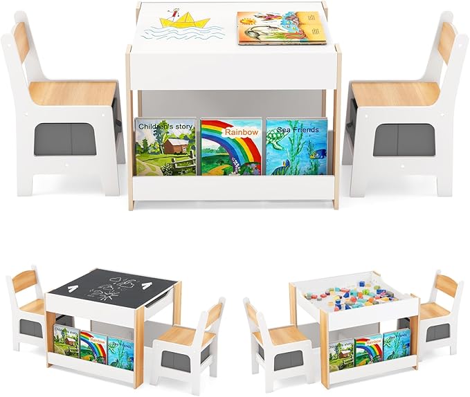 HONEY JOY Kids Table and Chairs, 4-in-1 Children Wooden Activity Set w/Double Bookshelves, Storage, Detachable Tabletop, for Art, Craft, Drawing, Reading, Gift for Toddlers 3-6 Years Old (Natural)