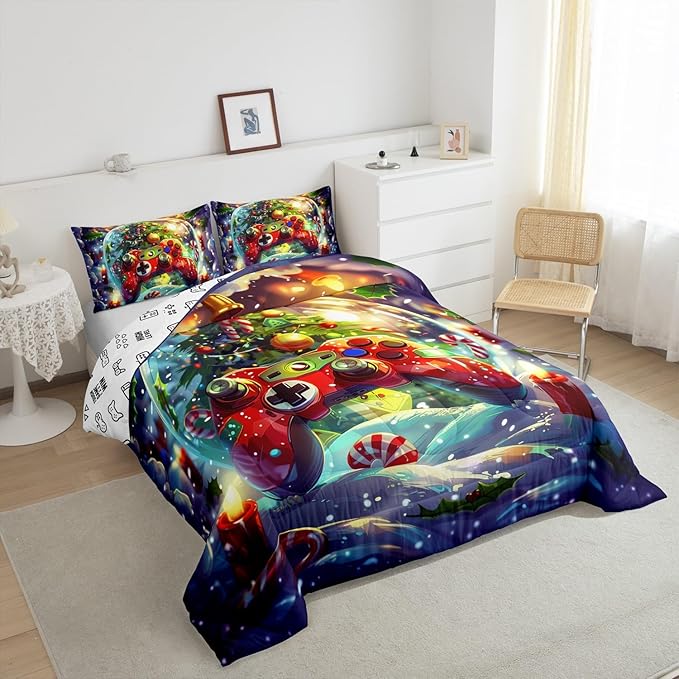 Video Games Kids Bedding Set Full Size,Christmas Tree Snowflake Comforter Set for Boys Girls Room Decor,Merry Christmas Gamer Duvet Insert 3Pcs,Xmas Red Gamepad Microfiber Quilt Set,2 Pillowcases
