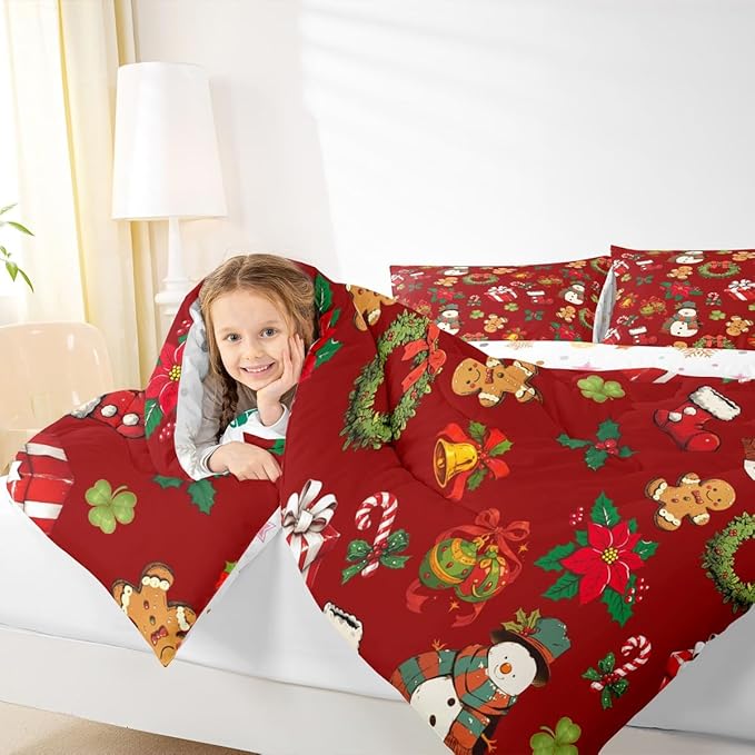 jejeloiu Merry Christmas Comforter Set Twin Size Cute Snowman Bedding Set for Kids Boys Girls Gingerbread Man Duvet Quilt Red Bedroom Decor