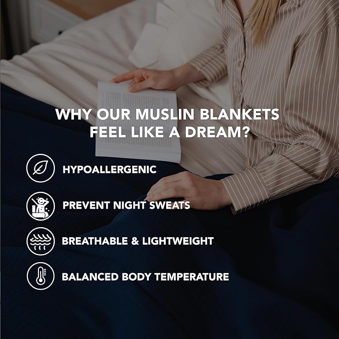 Goqan Throw Blanket 55x60 – 100% Cotton 4 Layer Boho Muslin Blanket for Adults, Lightweight, Soft, Breathable for Bed, Couch, Picnic - Navy