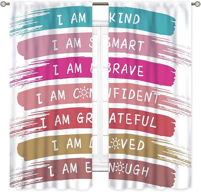 Rainbow Curtains for Classroom, Kids Girls Baby Boho Cute Inspirational Motivational Quotes Cartoon Colorful Pastel Nursery Classroom Bedroom Living Room Bathroom Window Drapes 2 Panels, 84"x63" Inch