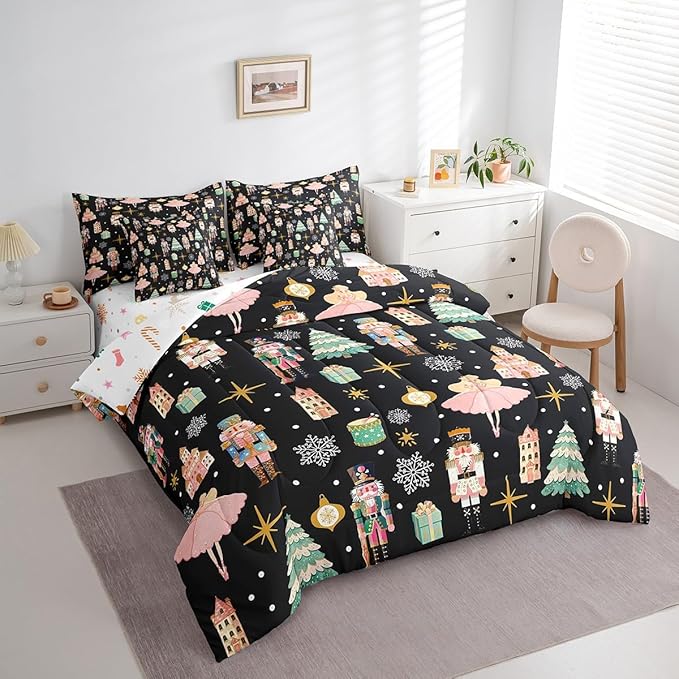 Erosebridal 7Pcs Black Christmas Comforter Set King Size,Nutcracker Bedding Set,Xmas Snowflake Stars Bed in A Bag,Romantic Princess Castle Quilt with Flat Fitted Sheet