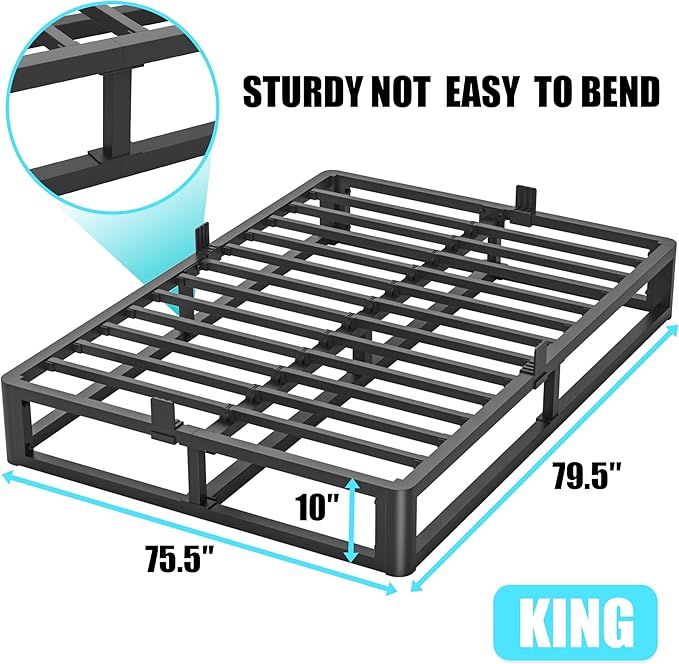 Upgrade Anti Bending and Round Corner Legs 10 inch Metal King Bed Frame 3500 LBS Heavy Steel Slats Support Platform Bed Frames No Box Spring Needed Platform Noise Free Easy Assembly