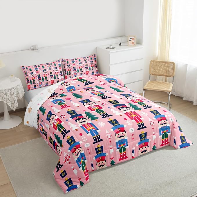 Feelyou Cute Nutcracker Kids Comforter Set Toddler Christmas Tree Bedding Set Xmas Snowflake Duvet Quilt for Kids Boys Girls Bedroom Colorful Soldier Decor Candy-Cane Designs Soft Breathable