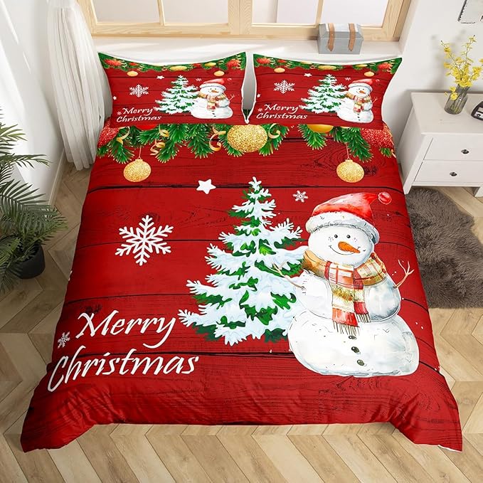 Manfei Christmas Duvet Cover Set King Size, Cute Snowman Tree Print Comforter Cover with 2 Pillowcases, New Year Theme Rustic Style Xmas Bedding Set 3pcs for Kids Boys Girls Bedroom Decor,No Comforter