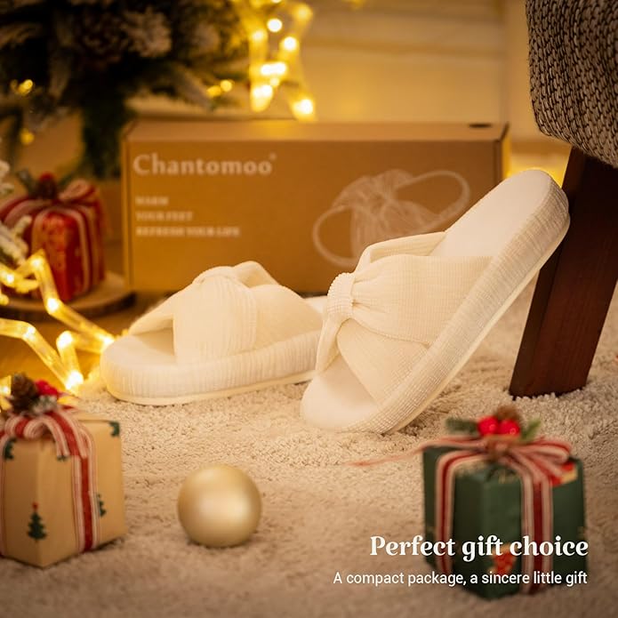 Chantomoo Slippers for Women Memory Foam House Bedroom Corduroy Bow Crossbands Slipper Shoes Comfy Trendy Gift Slippers