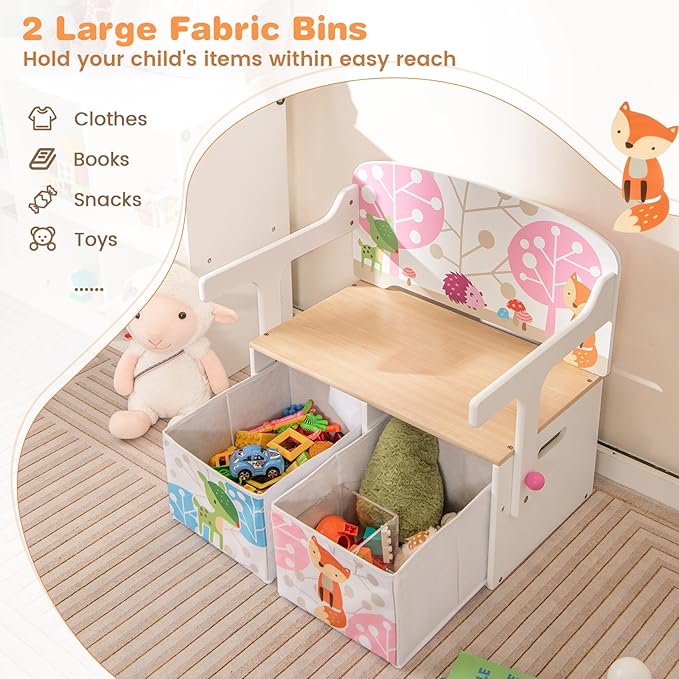 HONEY JOY Kids Table and Chair Set, 3-in-1 Convertible Wooden Toy Storage Bench with Handle, 2 Bins for Kids Reading Nook, Toddler Table and Chair Set for Daycare Playroom Classroom (White)