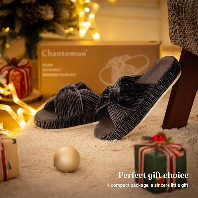 Chantomoo Slippers for Women Memory Foam House Bedroom Corduroy Bow Crossbands Slipper Shoes Comfy Trendy Gift Slippers