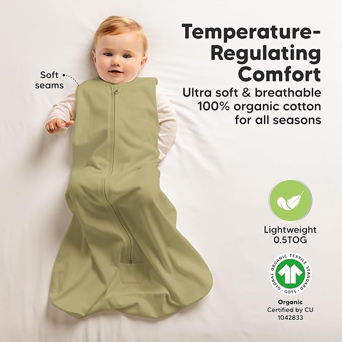 2-Pack Baby Sleep Sacks, Zipper Wearable Blanket - 0.5TOG Organic Cotton, Lightweight, Soft Cozy Toddler Sleeping Sack 6-12 months, Easy to Wear Large Newborn Transition Swaddles Sleepsacks (Avocado)