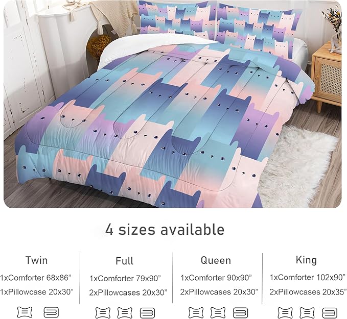 Gradient Cat Comforter Set: Twin Size Kawaii Cats Bedding Set for Kids Teens Girls Boys Bedroom Decor Blue Purple Cute Kitten Quilt Bed Sets 1 Comforter & 1 Pillowcase