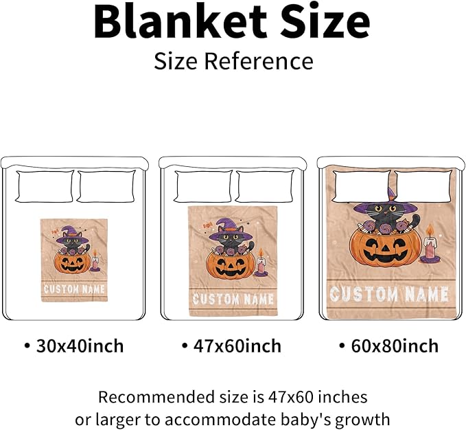 Personalized Halloween Blanket for Girls, Custom Baby Blanket with Name, Cat Pumpkin Theme Soft Minky Dot Blanket, Halloween Decor Christmas Birthday Gifts for Kids Toddlers