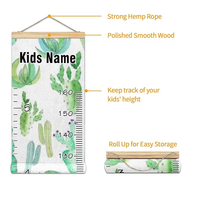 Personalized Kids Name Growth Chart Ruler for Wall Wood Frame Height Measure Chart 13.4x56 in Linen Hanging Height Growth Chart Cactus Green Watercolor Kids Room Decor