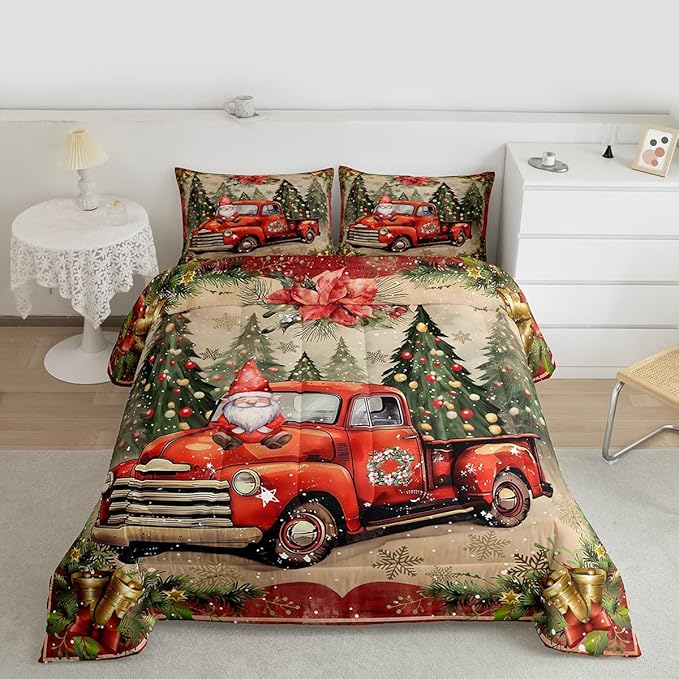 Manfei Red Truck Comforter Set Queen Size, Xmas Trees Santa Claus Snowflake Bedding Set 3pcs for Kids Boys Girls Room Decor, Christmas Theme Down Comforter New Year Quilt Set with 2 Pillowcases