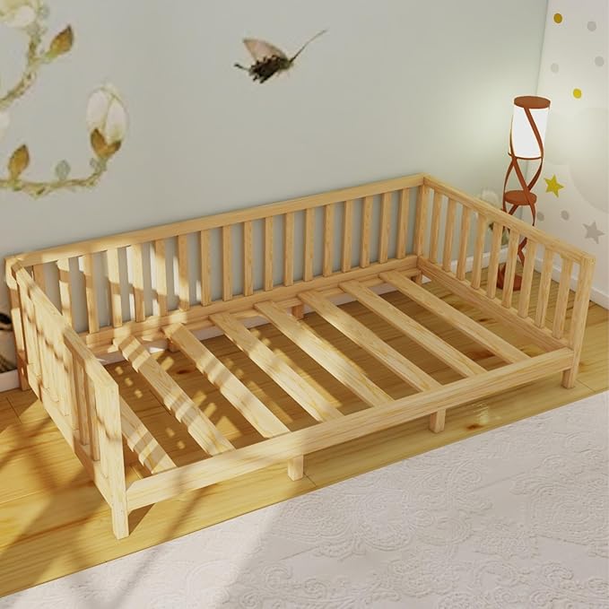 Montessori Floor Bed Designed with Open Front and Footed Model for Girls and Boys | Pine Wood Natural Solid Frame Beds with Slats | Sturdy Designed Floor Bed Frame for Kids (King, Height : 23 Inches)