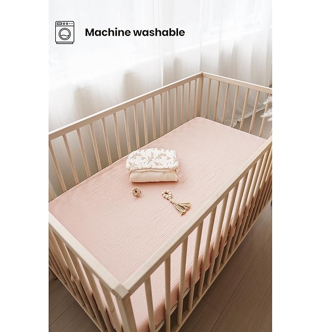 Konssy Muslin Crib Sheets for Girl Boy, 2 PCS Soft and Breathable Cotton Baby Sheets for Standard Crib Mattress, 52"x 28" (Floral, Pink)