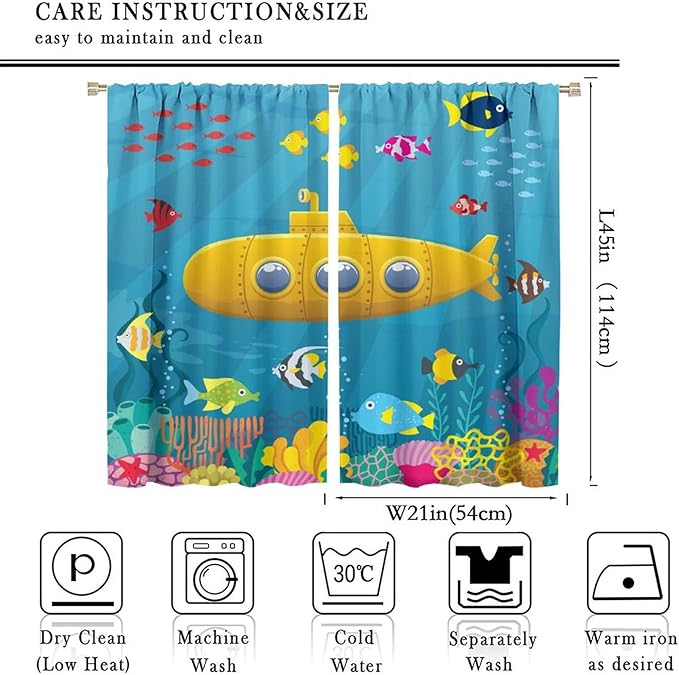 Boy Window Curtains Submarine Window Drapes Yacht Window Treatments Underwater World Oasis Thermal Drapes for Kids Girls Toddler Teens Room Dorm Decor Set 2 Panels,42x45 Inches