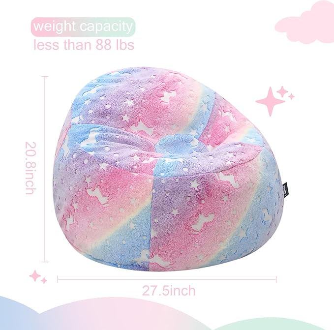 COMAX Unicorn Bean Bag Chairs for Kids, Toddler BeanBag Sofa with Filler Bean Couch Stuffed for Boys and Girls, Lazy Floor Chair for Playroom, Nursery Room, Glowing Rainbow