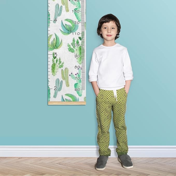 Personalized Kids Name Growth Chart Ruler for Wall Wood Frame Height Measure Chart 13.4x56 in Linen Hanging Height Growth Chart Cactus Green Watercolor Kids Room Decor