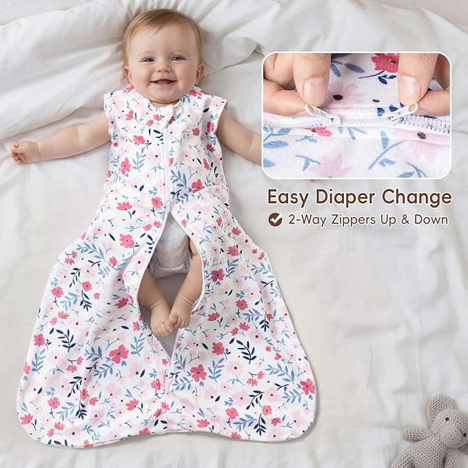 david's kids 3 Pack Warm Micro Fleece Baby Sleep Sack 6-12 Months, Soft Baby Wearable Blankets with 2-Way Zipper, Comfy Winter Sleeping Bags for Infant Newborn Girls Neutral, Medium Size, Floral