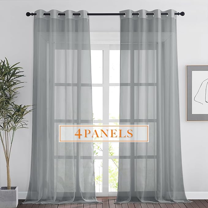 RYB HOME Light Filtering Curtains 96 Inches Long, Grommet Top Voile Airy Light Filtering Drapes, Sheer Window Treatments Curtains for Living Room Kitchen Bedroom, Gray, 54" W x 96" L, 4 Pieces