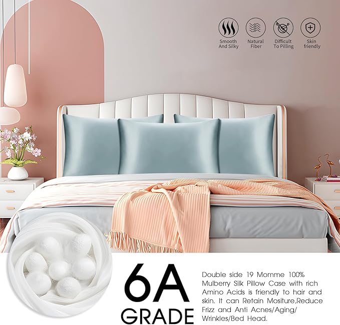 100% Mulberry Silk Pillowcase with Hidden Zipper,Both Sides Pure Silk Breathable Pillow Case for Hair and Skin,19 Momme Grade 6A,1pc,Pale Blue,Queen Size 20x30 Inches