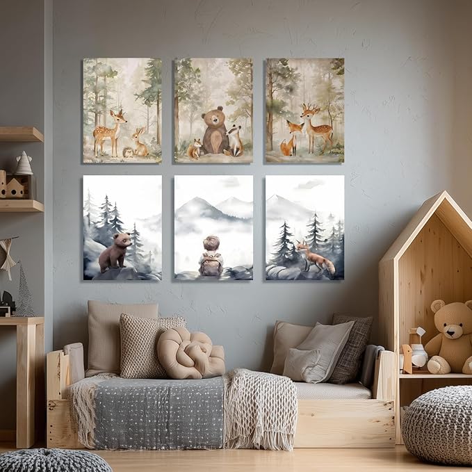 Cyebmo Framed Woodland Boy Nursery Wall Art Set of 3, Whimsical Boy Adventure Wall Decor, Mountain Forest Animal Bear Fox Wrapped Canvas Artwork for Classroom Kids Room Baby Nursery 16"x24"x3