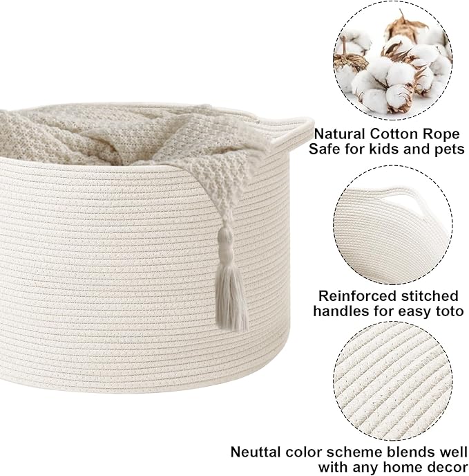 Large Blanket Basket for Organizing,115L Closet Organizers and Storage Bins Box for Shelves Woven Rope Storage Baskets,Living Room,Bedroom,Dorm,Laundry room (White)