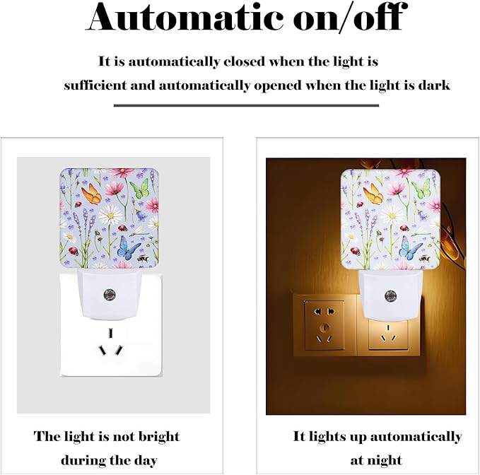 Wild Flowers and Insects Butterflies Night Light,Plug Into Wall for Boys Girls Bedroom Decorative Square Night Light Lamp 0.5w Sleep Friendly