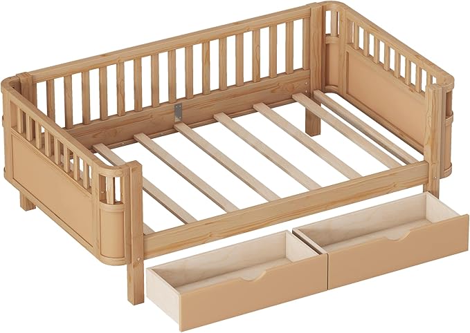 Twin Kids Bed with Storage Drawers & Rails, Wood Low Montessori Beds with Detachable Side Rails & Slats, Modern Daybed for Boys Girls Bedroom, Kids Twin Platform Bed, Natural
