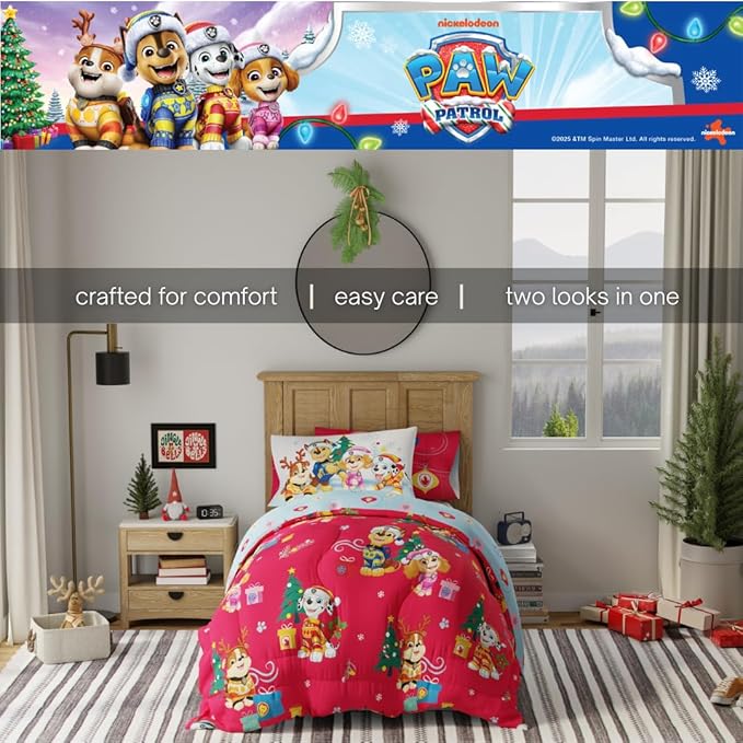 PAW Patrol Holiday & Christmas Kids Bedding Soft Comforter and Sheet Set with Sham, 7 Piece Full Size, (Officially Licensed Product) by Franco