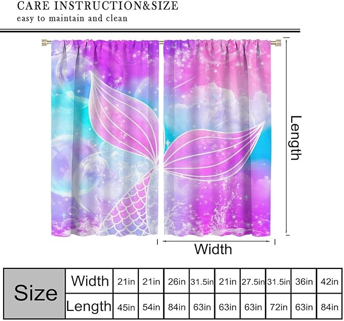 Suitable for Girls Mermaid Curtains, Rainbow Pink Purple Mermaid Tail Fish Scales Fantasy Ocean Print Curtains for Living Room Children Baby Room Nursery, 63x72 Inches