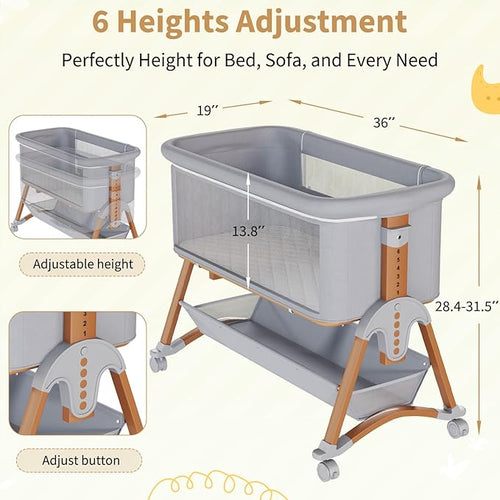 3 in 1 Baby Bassinet, 6 Height Adjustable Bedside Bassinet for Baby, Bassinet Bedside Sleeper with Comfy Mattress and Lockable Wheels, Rocking Crib for Newborn, Wood and Grey