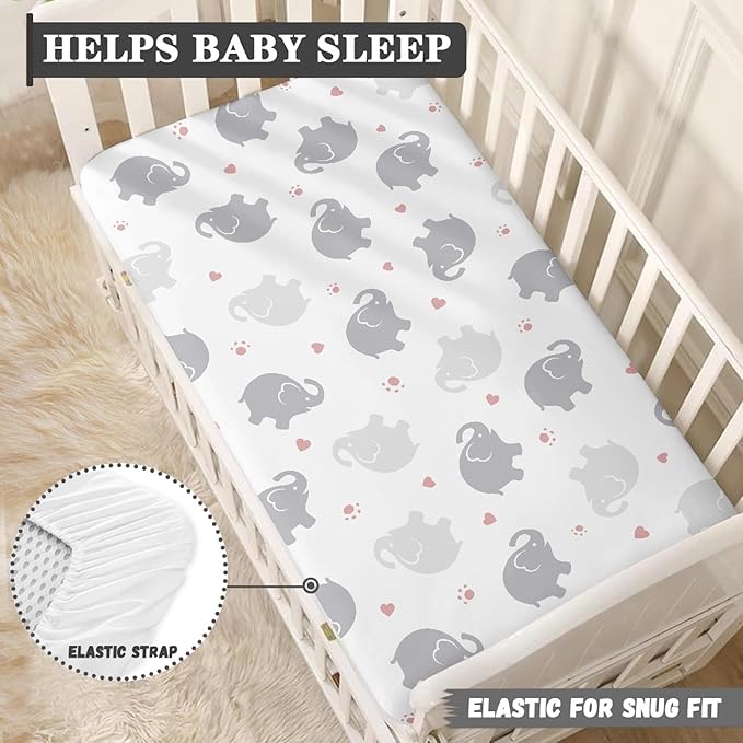 Elephant Fitted Crib Sheet for Boys Girls Watercolor Grey Elephants Baby Sheet for Standard Crib and Toddler Pink Paw Print and Heart Nursery Bed Mattress Sheets 28"x52"