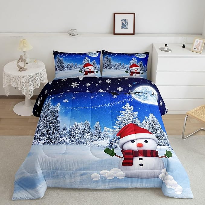 Feelyou Christmas Twin Size Comforter Set Snowman Decorations Bedding Set for Kids Boys Girls Xmas Winter Decor Blue Quilt Room 2Pcs