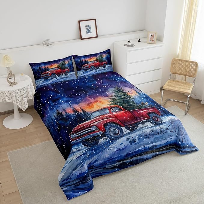 Red Truck Kids Bedding Set Full Size,Christmas Tree Snowflake Comforter Set for Teens Boys Girls Room Decor,Woodland Nature Scenery Duvet Insert 3Pcs,Merry Christmas Theme Quilt Set,2 Pillowcases