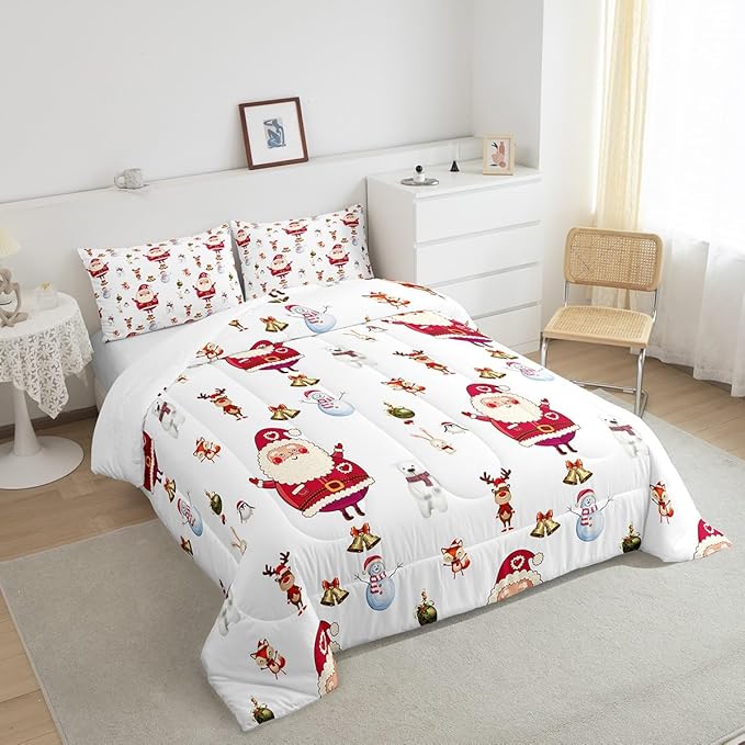 Feelyou Christmas Comforter Set Cute Snowman Santa Claus Kids Decorations Bedding Set Boys Girls Bear Rabbit Comforter Christmas Bells Design White Quilt Set with 1 Pillowcase 2Pcs Bedding Twin