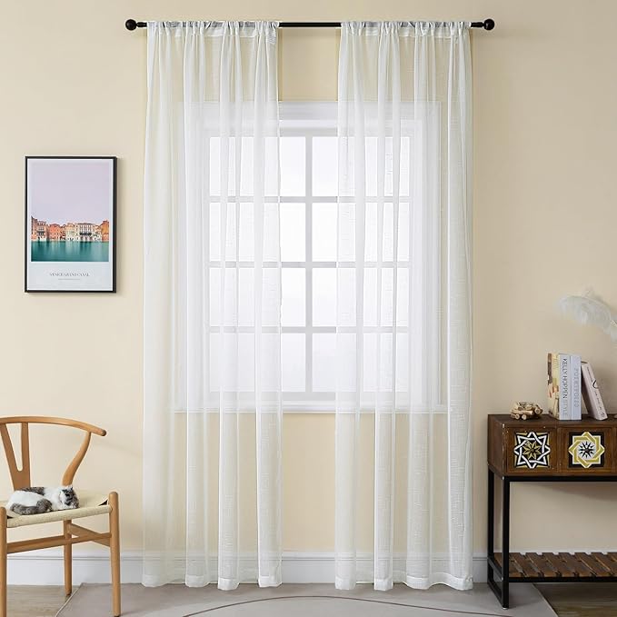 Off White Sheer 94 Inch Curtains 2 Panels, 50 Inches Width, Linen Look Transparent Curtain, Rustic Textured Light Filtering Drapes, Long Rod Pocket Window Treatments