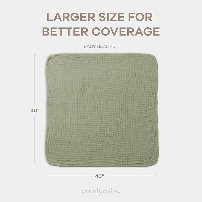 Comfy Cubs Muslin Baby Blanket - Soft, Lightweight, 6-Layer Cotton Swaddle Blankets for Newborns, Infants & Toddlers - 40" x 40" Large, Breathable & Versatile for Sleeping & Tummy Time - Sage