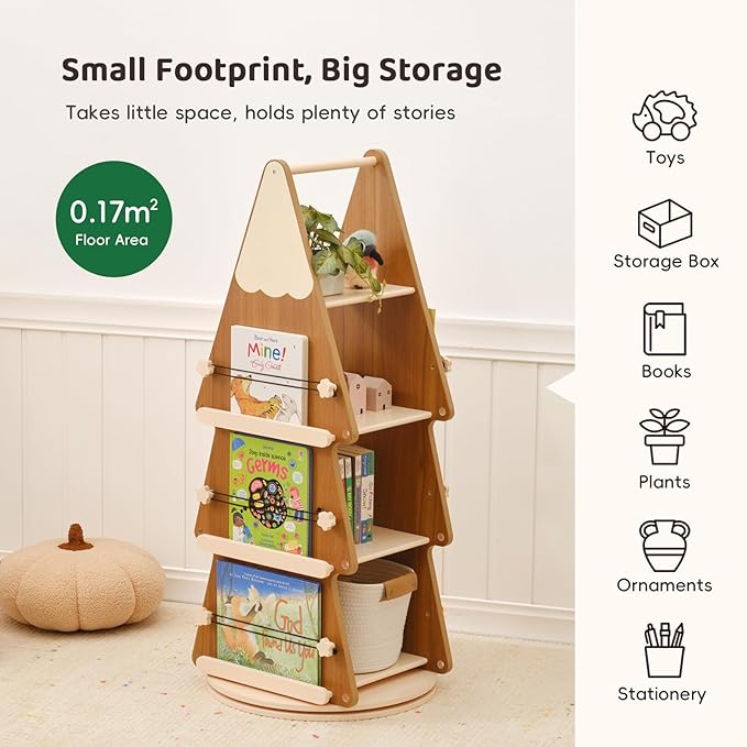 Solid Wood Kids Bookshelf, 4 Tier Rotating Bookshelf, 360° Revolving Bookcase Floor Standing Tree Book Shelf for Kids Rooms, Living Room, Nursery