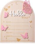 Hello World Newborn Sign, 5.83 × 6.97 Inch Pink Butterfly Baby Announcement Sign Wooden Birth Welcome Board for Newborn Boys Girls Photo Props Baby Shower Hospital Nursery
