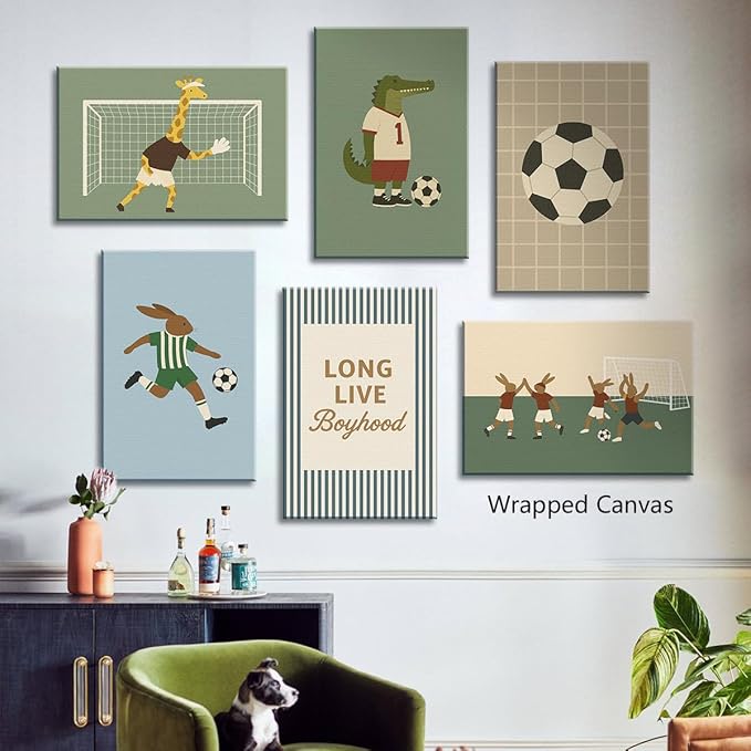 Soccer Posters, Nursery Animal Sports Posters, Long Live Boyhood Inspirational Quote Print, Football Athletes Giraffe Rabbit Crocodile Pictures, Boys Bedroom Sports Artwork 12x16in Wrapped Canvas